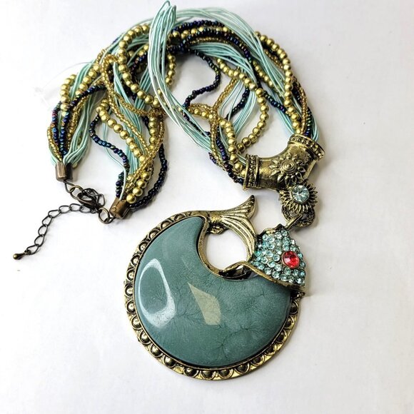 Statement Choker Pendant Necklace Fashion Gemstone Blue Fish Pendant - Picture 2 of 16